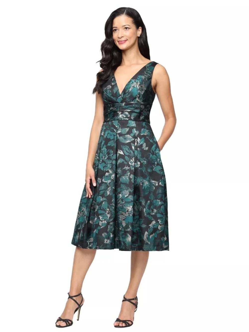 Alex Evenings Black Green Floral Metallic Cocktail Midi Dress